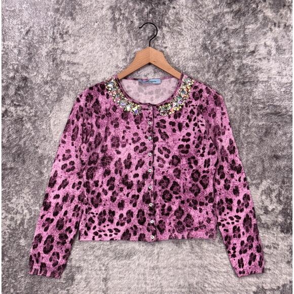 Blumarine Cardigan 40 / US 4 Womens Jeweled Collar Animal Print Cropped Sweater - Picture 1 of 8
